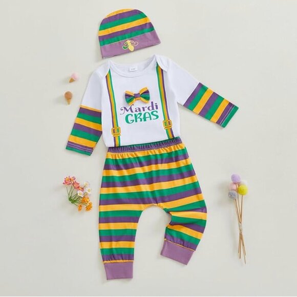 Baby Boy Mardi Gras Set Long Sleeve Bow Bodysuit Pants Hat Size 3-6 Months - Picture 1 of 13